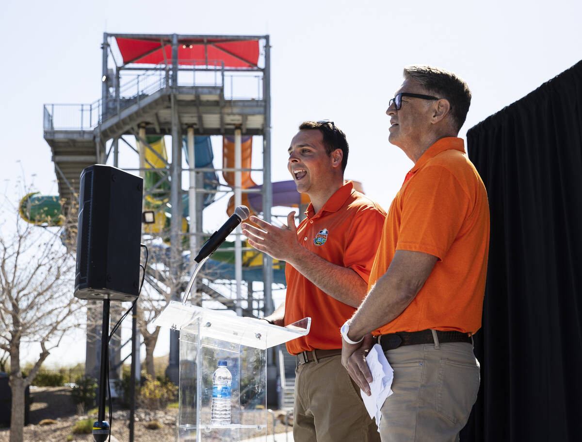 Shane Huish, right, owner of Cowabunga Bay Water Parks, listens as Cade Vereen, a general manag ...