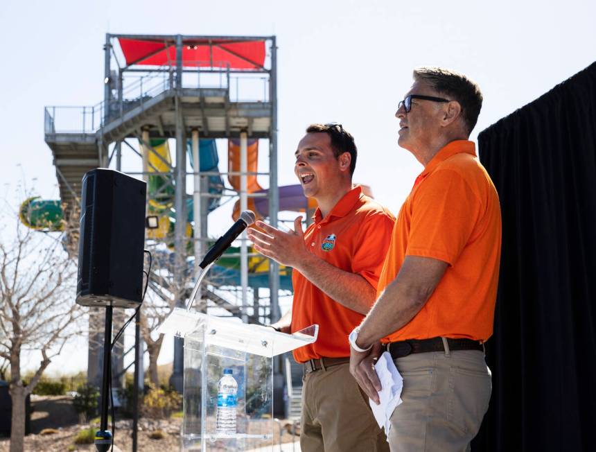 Shane Huish, right, owner of Cowabunga Bay Water Parks, listens as Cade Vereen, a general manag ...