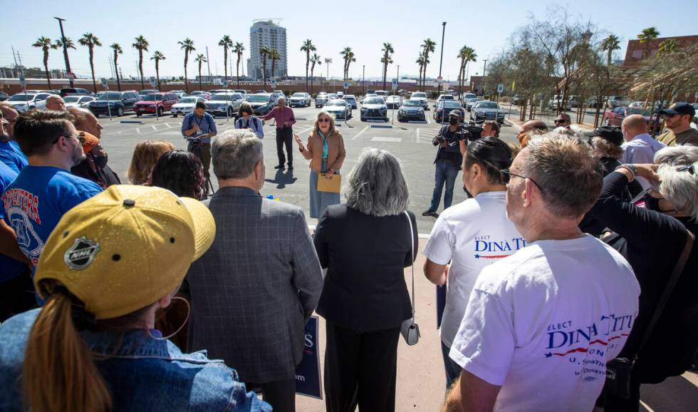 Rep. Dina Titus, D-Nev., speaks to supporters as she arrives to file for re-election at the Cla ...