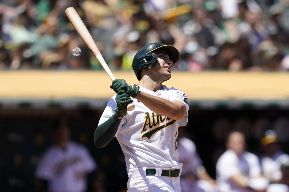 Oakland Athletics' Matt Olson hits a home run against the Los Angeles Angels during the fourth ...