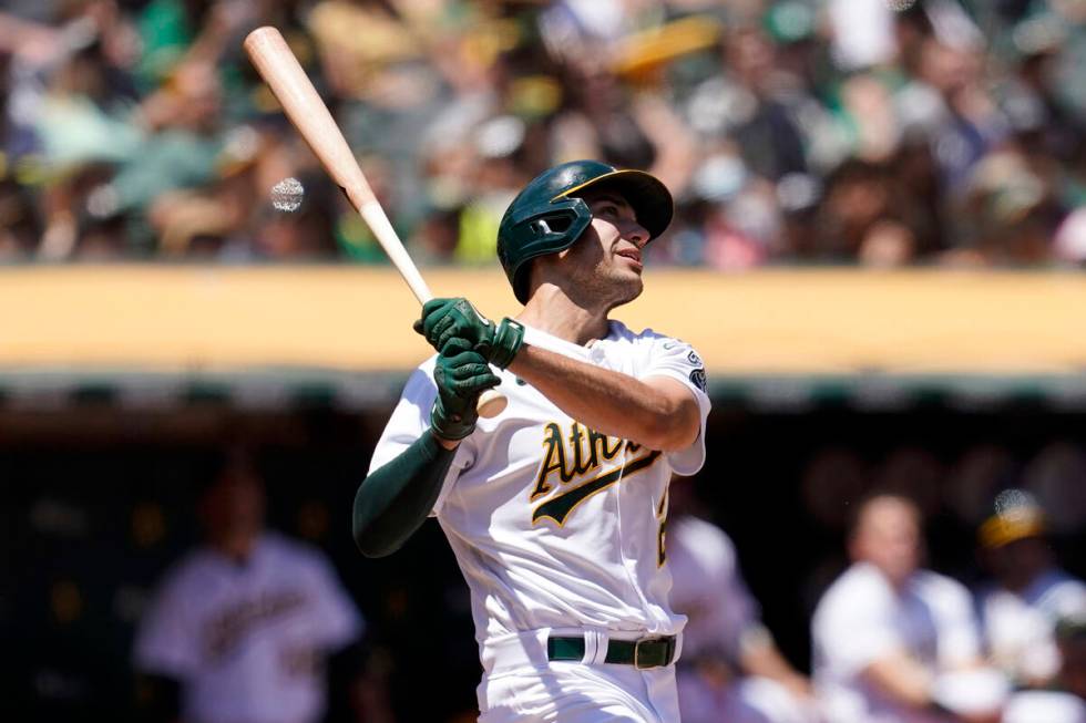 Oakland Athletics' Matt Olson hits a home run against the Los Angeles Angels during the fourth ...