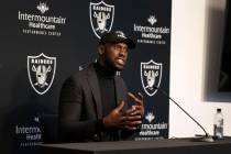 Raiders outside linebacker Chandler Jones answers media questions during a news conference at t ...