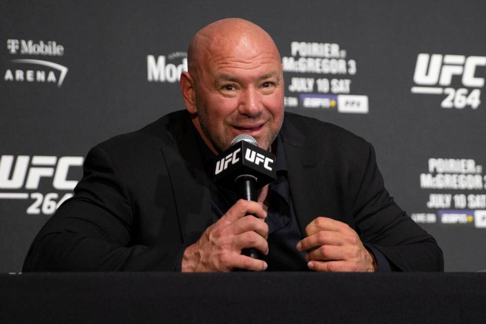 UFC president Dana White answers questions during a news conference at T-Mobile Arena in July 2 ...