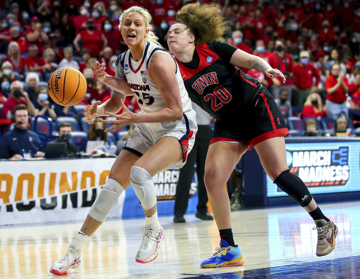 Arizona Wildcats forward Cate Reese (25) reacts as UNLV Lady Rebels forward Khayla Rooks (20) f ...