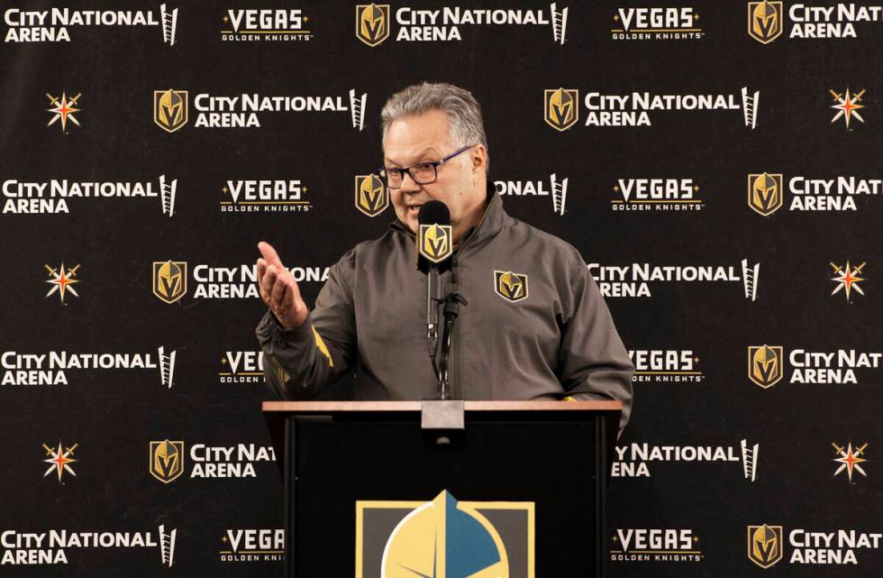 Golden Knights general manager Kelly McCrimmon addresses the media at City National Arena on Mo ...