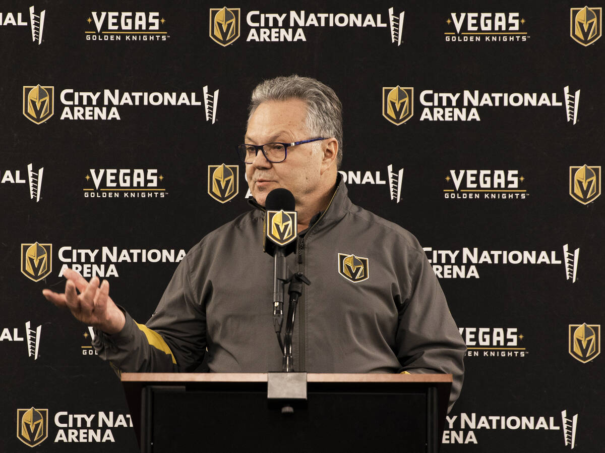 Golden Knights general manager Kelly McCrimmon addresses the media at City National Arena on Mo ...