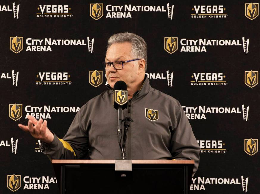 Golden Knights general manager Kelly McCrimmon addresses the media at City National Arena on Mo ...