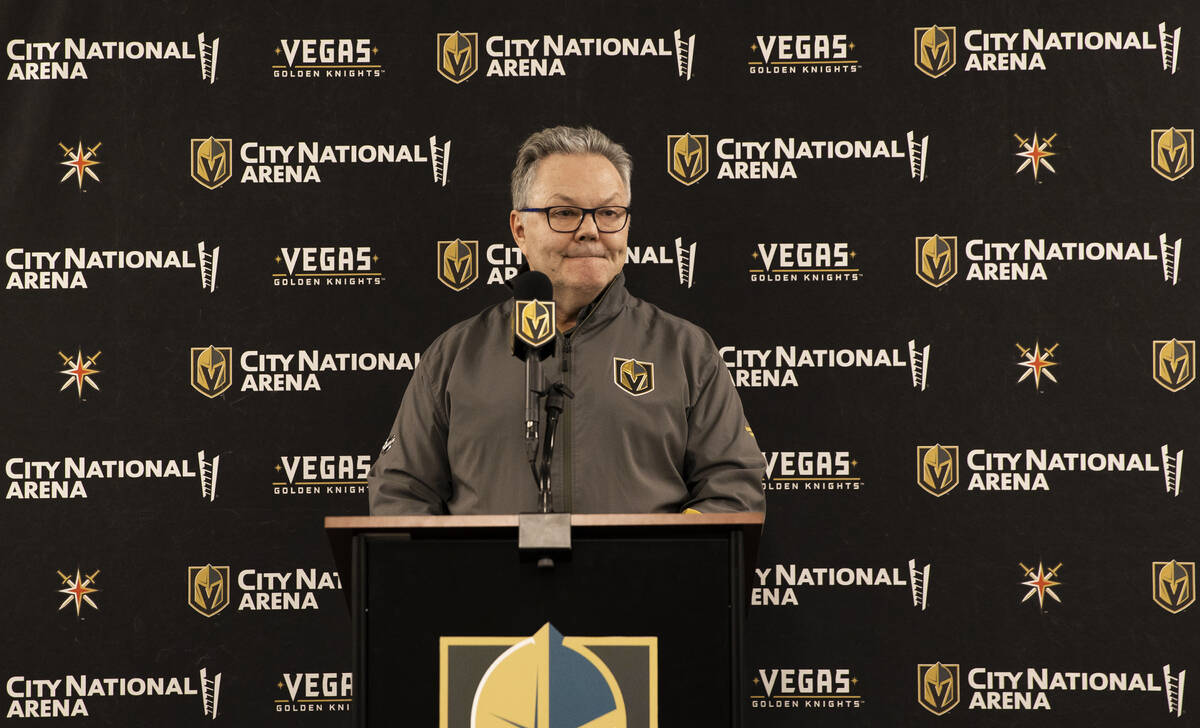 Golden Knights general manager Kelly McCrimmon addresses the media at City National Arena on Mo ...