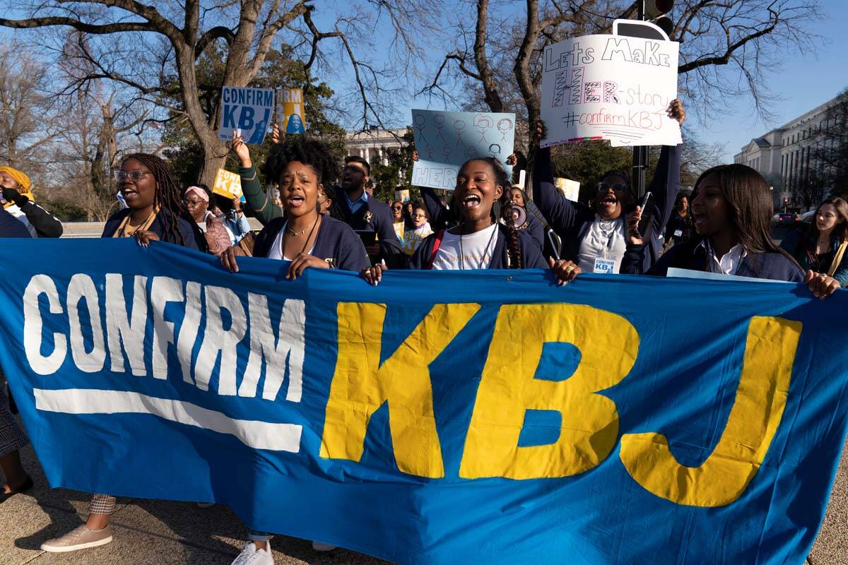 Supporters of the confirmation of Judge Ketanji Brown Jackson rally outside of the Supreme Cour ...