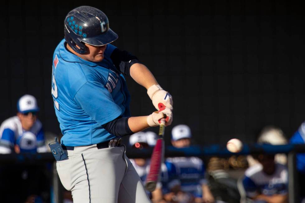 Centennial’s Jordan Boman is shown batting Wednesday, March 9, 2022, in Henderson. (Ellen Sch ...