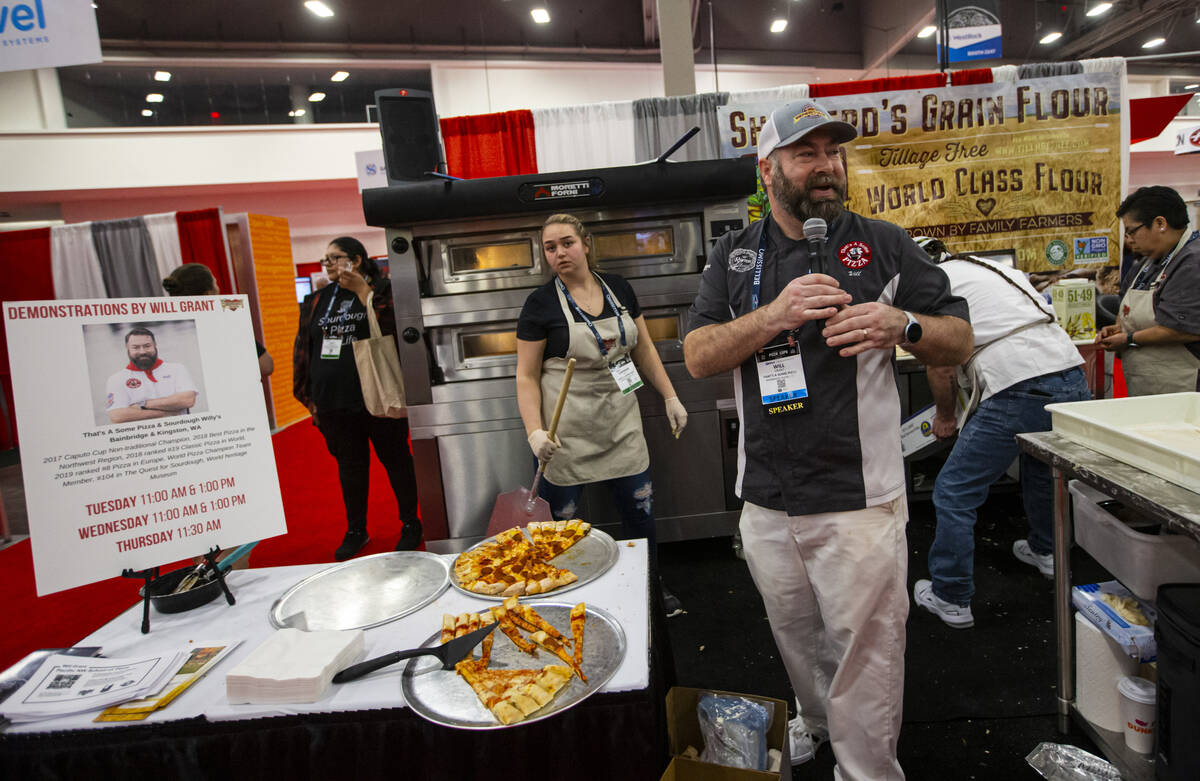 Chef Will Grant, owner of That's A Some Pizza, speaks at the Shepherd's Grain Flour booth durin ...