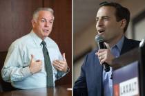 Joe Lombardo, left, leads the Republican primary for governor and Adam Laxalt has a commanding ...