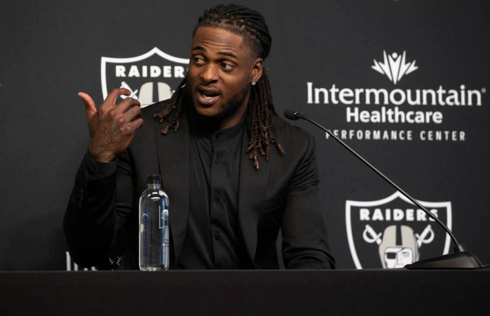 Newly acquired Raiders wide receiver Davante Adams? addresses the media at Raiders Headquarters ...