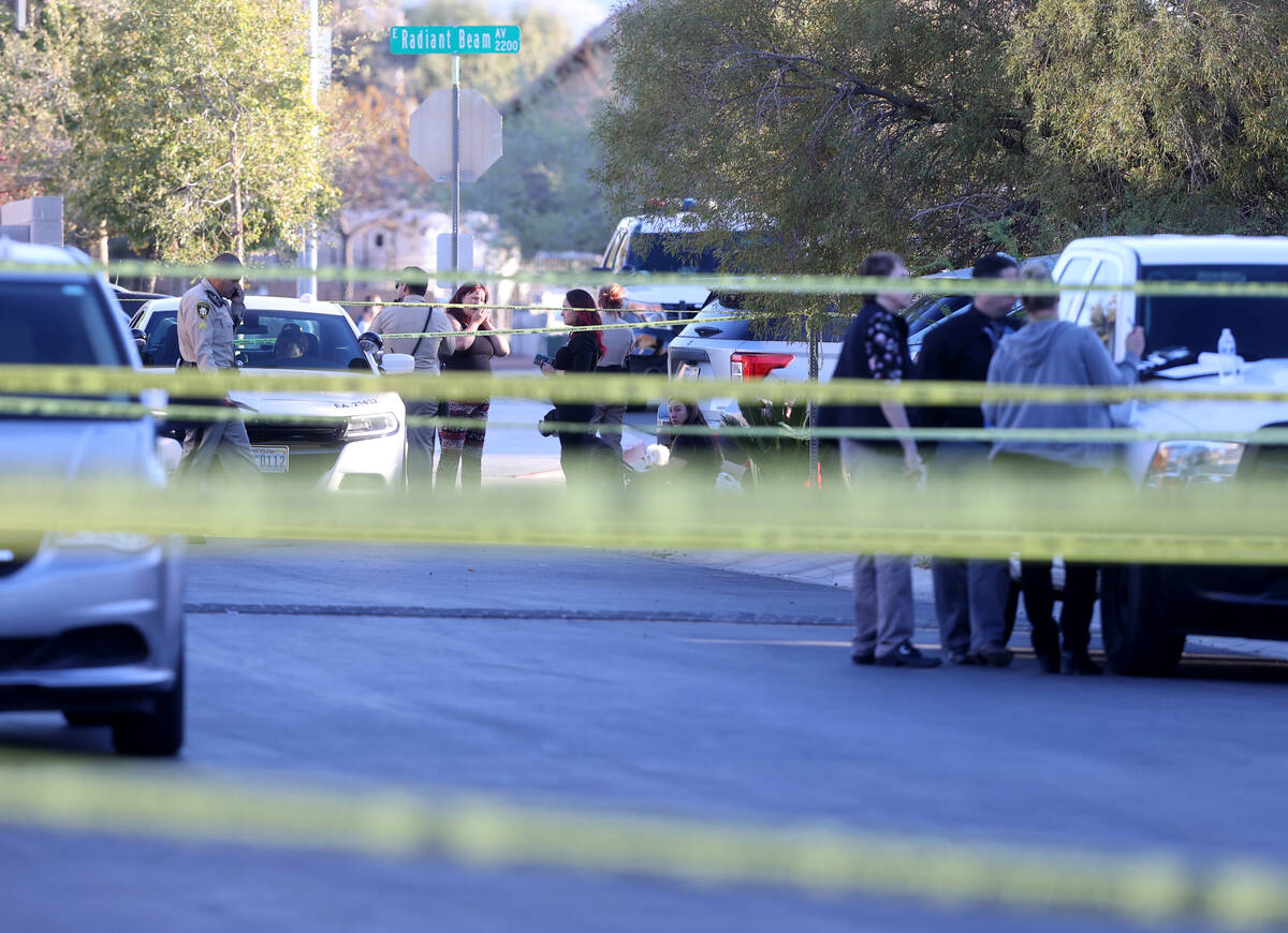 Las Vegas police investigate the deaths of two people at a home in the 7600 block of Constellat ...