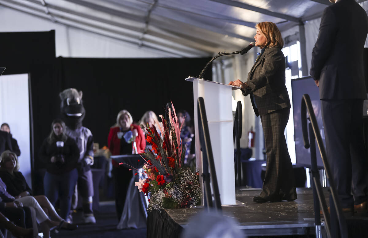 Henderson Mayor Debra March speaks before breaking ground on West Henderson Hospital on Wednesd ...