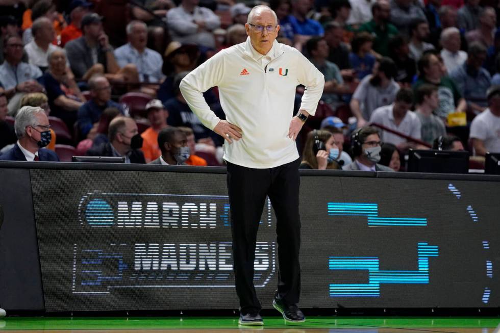 Miami head coach Jim Larrañaga watches during the second half of a college basketball game ...