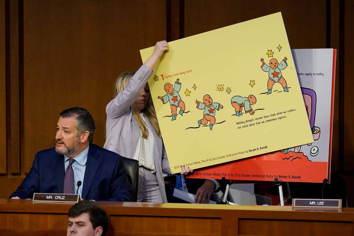 Sen. Ted Cruz, R-Texas, speaks as a visual aid is displayed during Supreme Court nominee Judge ...