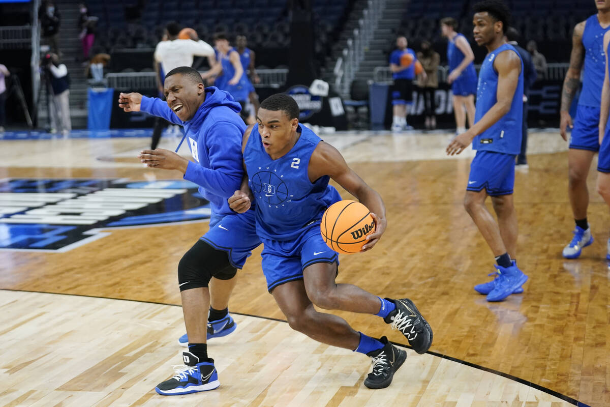 Duke guard Jaylen Blakes (2) dribbles during practice for the NCAA men's college basketball tou ...