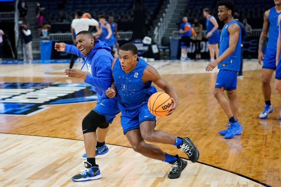 Duke guard Jaylen Blakes (2) dribbles during practice for the NCAA men's college basketball tou ...