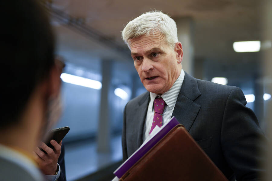 Sen. Bill Cassidy, R-La., speaks to reporters at the Capitol in Washington in August 2021. (AP ...