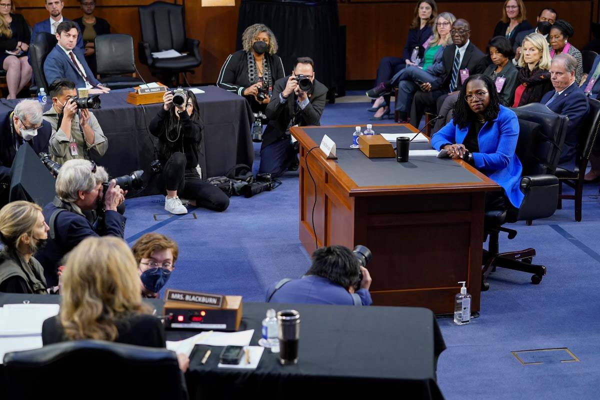 Supreme Court nominee Judge Ketanji Brown Jackson listens as she is asked a question from Sen. ...