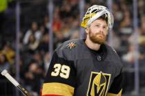 In this Feb. 16, 2022, file photo, Golden Knights goaltender Laurent Brossoit (39) skates aroun ...