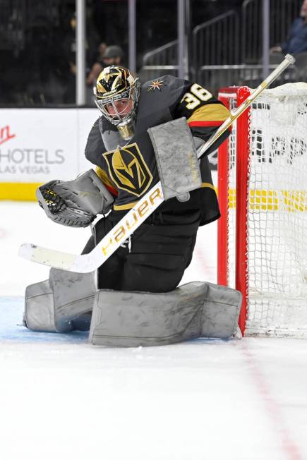 Vegas Golden Knights goaltender Logan Thompson (36) makes a save against the Nashville Predator ...