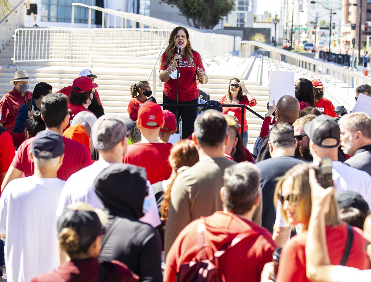 Diana Valles, president of the Culinary Workers Union Local 226, speaks to hundreds of culinary ...