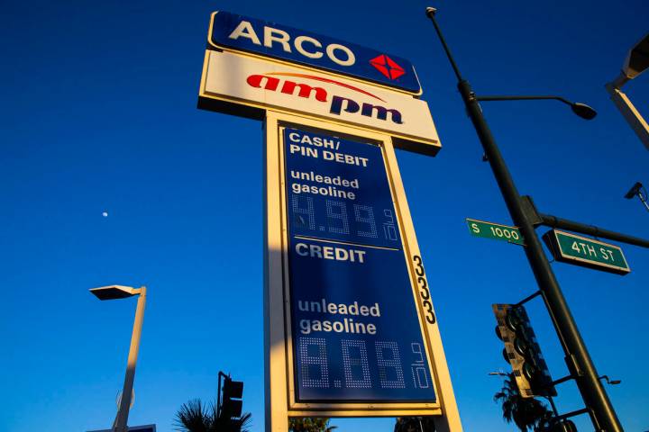 Rising gas prices are seen at an Arco gas station on Monday, March 14, 2022, in Las Vegas. (Cha ...