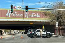 Las Vegas police investigate a shooting that took place near Interstate 15 and D Street near do ...