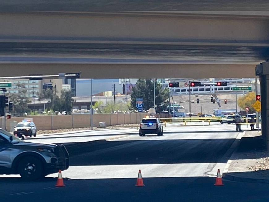 Las Vegas police investigate a shooting that took place near Interstate 15 and D Street, Friday ...