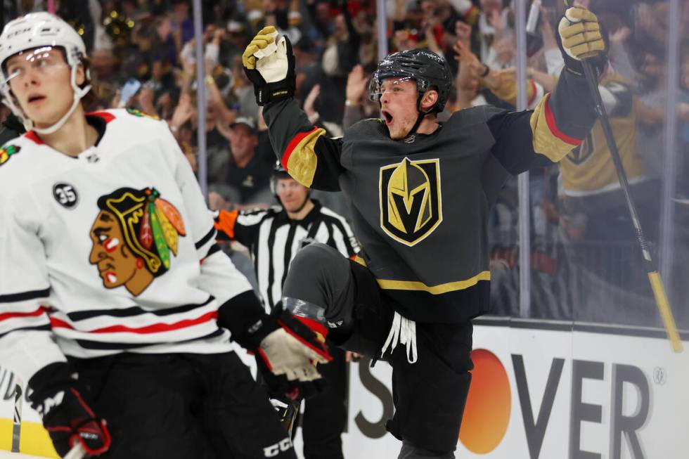 Vegas Golden Knights center Jack Eichel (9) celebrates a goal against the Chicago Blackhawks du ...