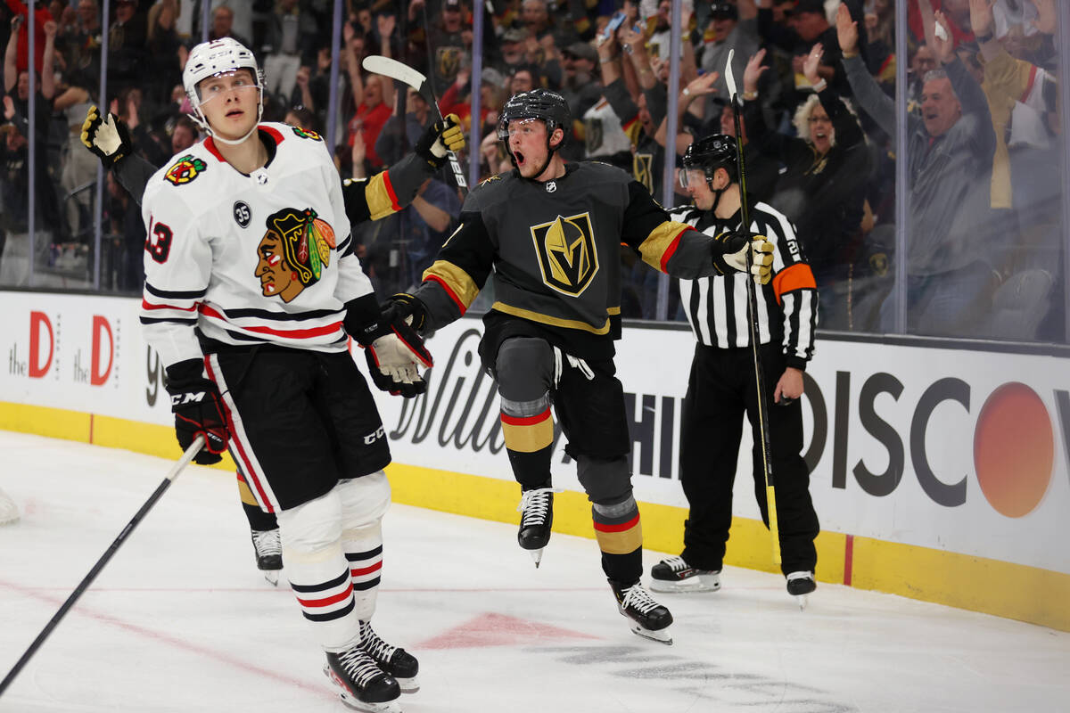 Vegas Golden Knights center Jack Eichel (9) celebrates a goal against the Chicago Blackhawks du ...