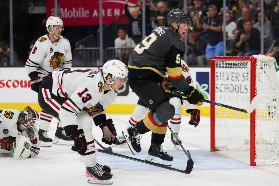 Vegas Golden Knights center Jack Eichel (9) celebrates a goal against the Chicago Blackhawks du ...