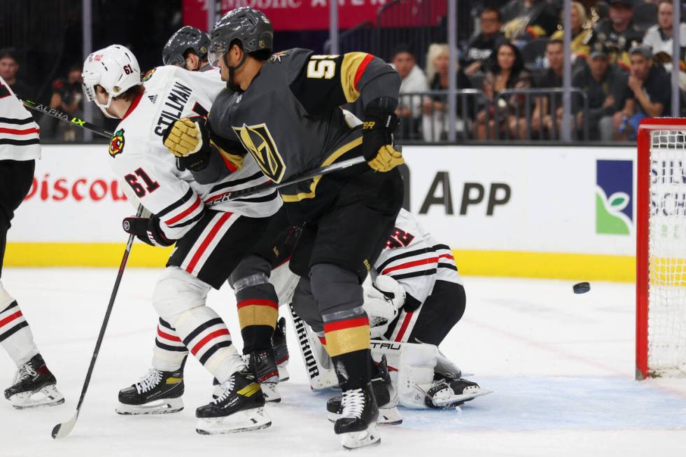 A shot by Vegas Golden Knights defenseman Alex Pietrangelo (7) goes in for a score against the ...