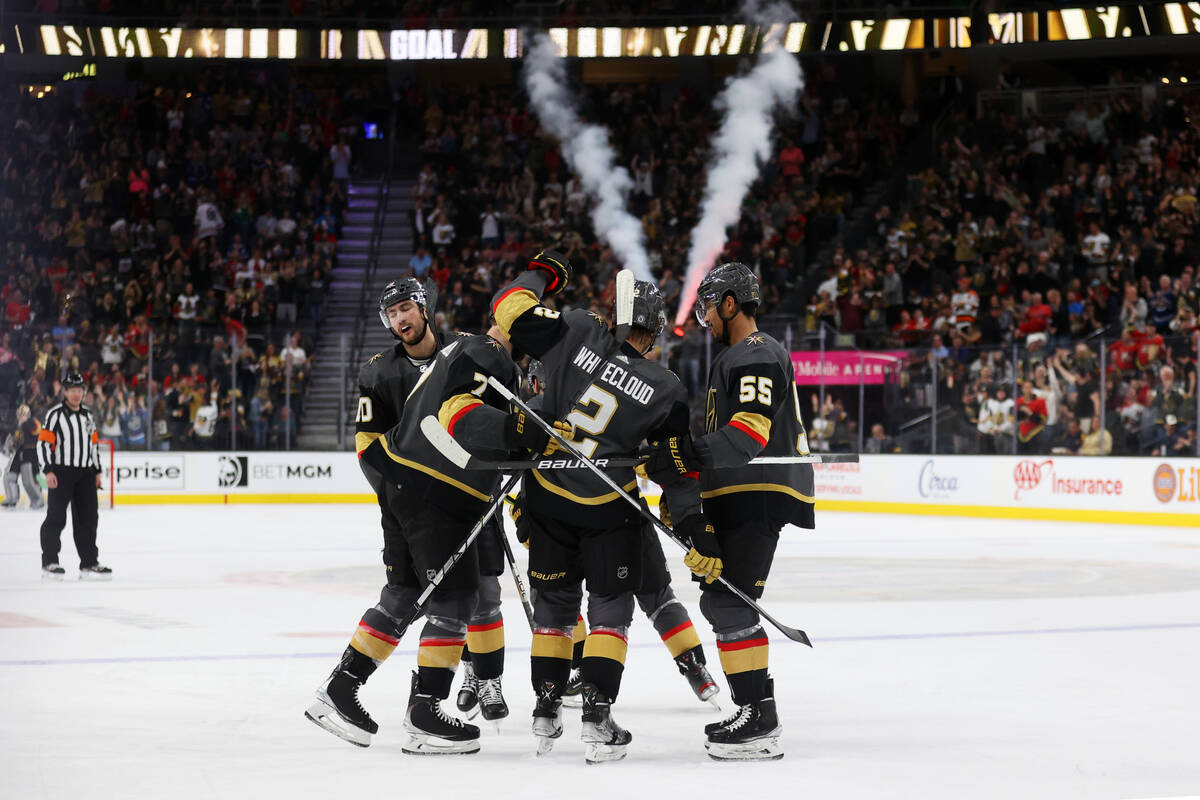 Vegas Golden Knights defenseman Alex Pietrangelo (7) celebrates his goal with his team during t ...