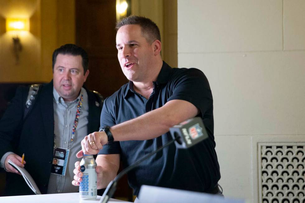 Raiders head coach Josh McDaniels arrives to speak with media at The Breakers Palm Beach hotel- ...
