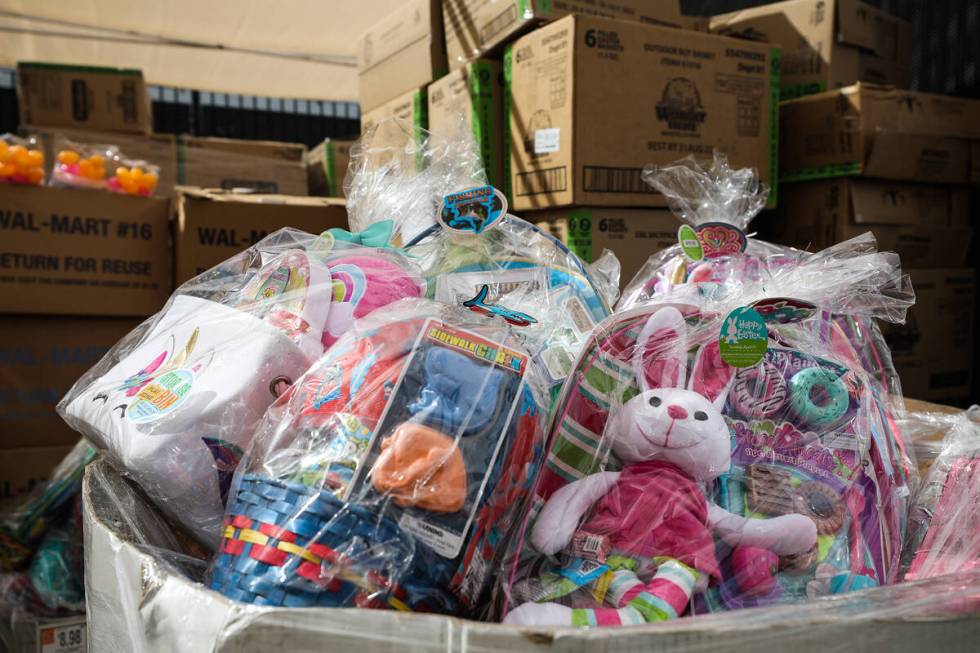 Boxes of Easter baskets and gifts to be donated to children on Monday, March 28, 2022, at Walma ...