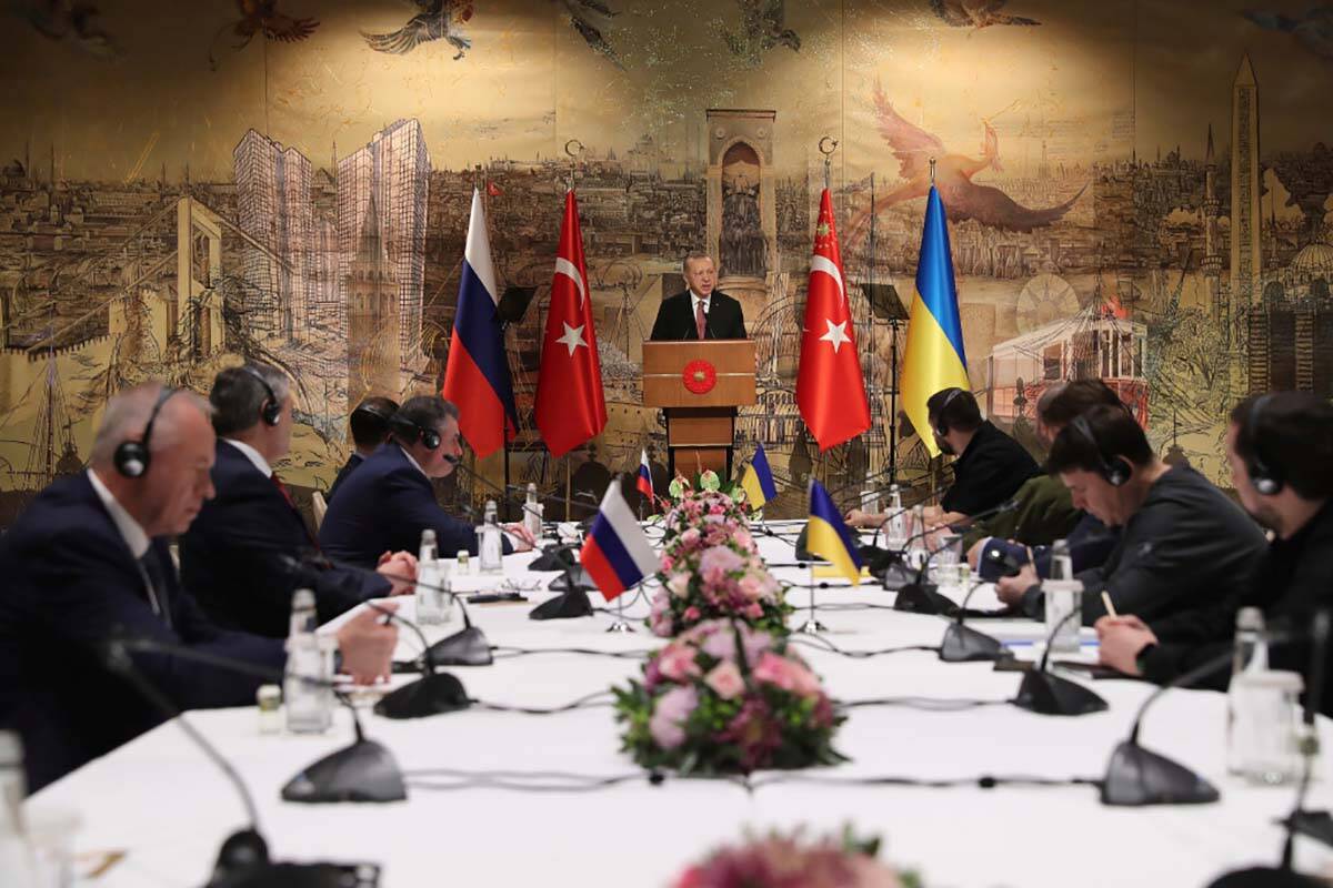 In this photo provided by Turkish Presidency, Turkish President Recep Tayyip Erdogan, center, g ...