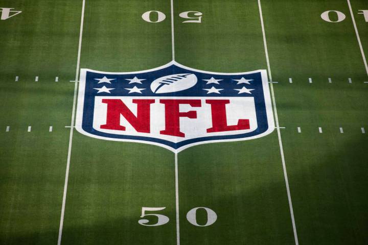 A close up view of the National Football League logo painted on the field prior to the NFL Supe ...