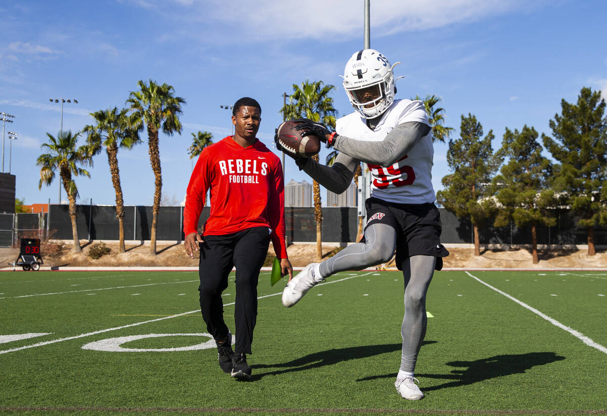 UNLV Rebels wide receiver Christian Willis (35) pulls in a pass during the first day of spring ...