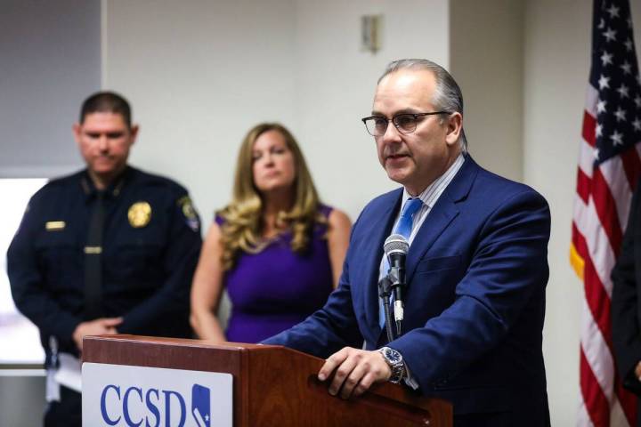 Clark County School District Superintendent Dr. Jesus Jara addresses the media during a press c ...