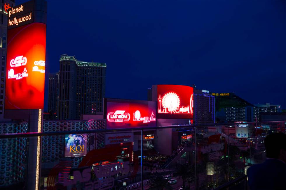 Marquees are lit up as Formula One racing’s Las Vegas Strip 2023 debut is announced duri ...