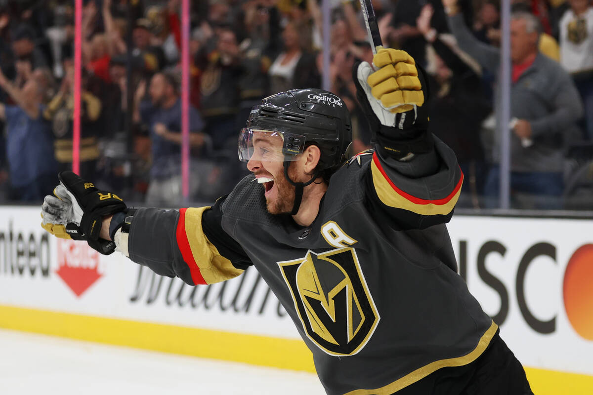 Vegas Golden Knights center Jonathan Marchessault (81) celebrates after his teammate scored dur ...