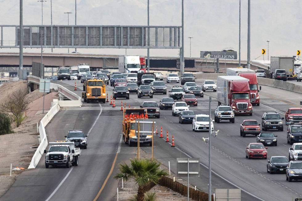 The Flamingo Road westbound off-ramp of Interstate 15 is closed as the Nevada Highway Patrol in ...