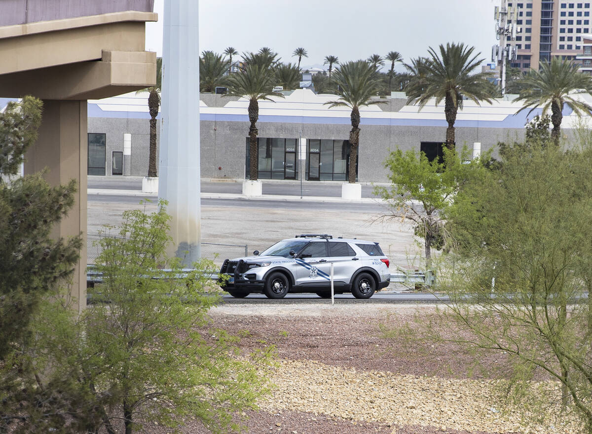 The Flamingo Road westbound off-ramp of Interstate 15 is closed as the Nevada Highway Patrol in ...