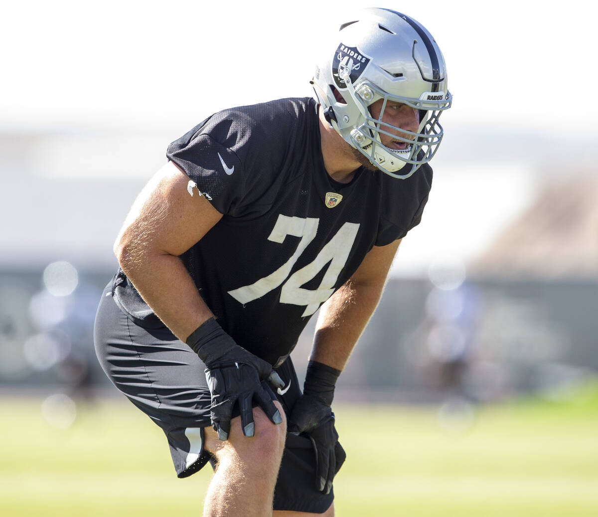 Raiders offensive tackle Kolton Miller (74) sets himself up to drill during a practice session ...