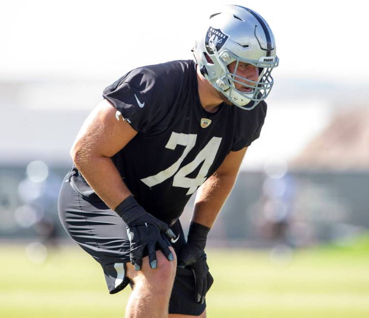 Raiders offensive tackle Kolton Miller (74) sets himself up to drill during a practice session ...