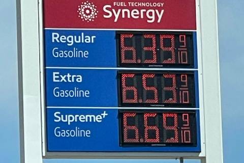 Per gallon gas prices at the Mobil station in Baker, Calif., on Thursday, March 31, 2022. (Allo ...