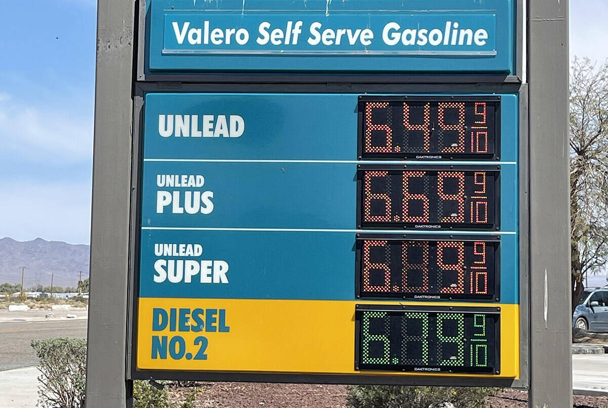 Per gallon gas prices at the Valero station in Baker, Calif., on Thursday, March 31, 2022. (All ...